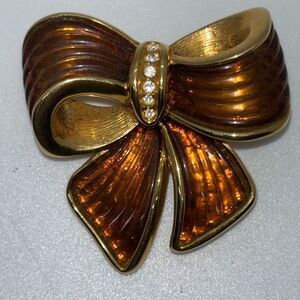 Joan Rivers Vintage brown ribbon bow amber resin crystals lucite brooch pin +box
